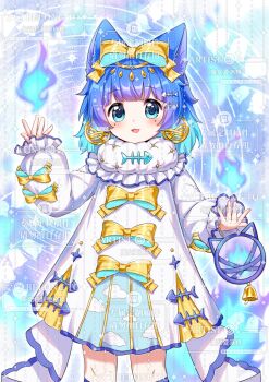 1girl :d animal_ears bell blue_eyes blue_hair blunt_bangs blush bow cat_ears cat_girl dress dress_bow feet_out_of_frame fish_skeleton_hair_ornament hair_bow hand_up highres long_sleeves monu_xialuote open_mouth original short_hair smile solo standing too_many_watermarks watermark white_dress yellow_bow