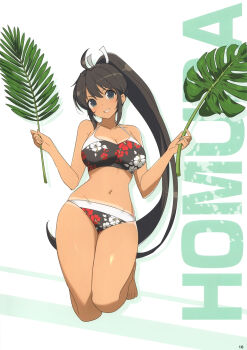 1girl absurdres ahoge barefoot bikini bikini_tan black_bikini black_hair breasts character_name cleavage clenched_teeth dark-skinned_female dark_skin dual_wielding floral_print floral_print_bikini groin hair_tie high_ponytail highres holding holding_leaf homura_(senran_kagura) kneeling large_breasts leaf long_hair looking_at_viewer magazine_scan navel non-web_source official_art page_number ponytail print_bikini ribbon scan senran_kagura senran_kagura_new_link smile solo swimsuit tan tanline teeth very_long_hair white_ribbon yaegashi_nan