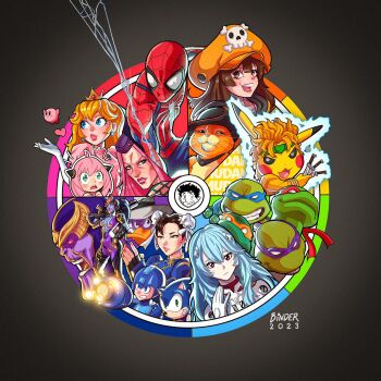 2023 ahoge anya_(spy_x_family) arm_cannon artist_self-insert aura ayanami_rei bernhard_binder black_hat blowing_kiss blue_hair bodysuit breasts brown_eyes brown_hair bun_cover capcom chun-li cleavage color_connection color_wheel_challenge colored_skin commentary cosplay crossover crown darkwing_duck darkwing_duck_(character) dio_brando dio_brando_(cosplay) domino_mask donatello_(tmnt) double_bun earrings english_commentary evangelion:_3.0+1.0_thrice_upon_a_time eye_mask fingerless_gloves fishnets furry furry_female gen_1_pokemon gloves green_headband grin guilty_gear guilty_gear_strive gun hair_bun hairpods hat headband helmet highres holding holding_gun holding_knife holding_weapon interface_headset_(evangelion) jacket jewelry jojo_no_kimyou_na_bouken kirby kirby_(series) knife leonardo_(tmnt) long_hair mario_(series) marvel mask may_(guilty_gear) mecha_pilot_suit medium_breasts mega_man_(character) mega_man_(series) michelangelo_(tmnt) mickey_mouse_&amp;_friends multiple_crossover multiple_drawing_challenge narciso_anasui neon_genesis_evangelion nintendo open_mouth orange_hat overwatch pikachu pink_lips plugsuit_(evangelion) plunging_neckline pokemon pokemon_(creature) princess_peach purple_skin puss_in_boots_(shrek) rainbow_order raphael_(tmnt) rebuild_of_evangelion red_eyes shrek_(series) signature smile sonic_(series) sonic_the_hedgehog spider-man spider-man_(series) spy_x_family stardust_crusaders stone_ocean street_fighter street_fighter_ii_(series) superhero_costume teenage_mutant_ninja_turtles thanos weapon white_bodysuit widowmaker_(overwatch) yellow_jacket