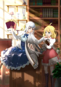 2girls absurdres ahoge anisphia_wynn_palettia artist_name black_ribbon blonde_hair blue_bow blue_bowtie blue_dress book bookshelf boots bow bowtie commentary_request dress euphyllia_magenta frills green_eyes grey_hair hair_ribbon highres holding holding_book indoors knee_boots lamp library long_hair long_sleeves looking_at_another medium_hair multiple_girls neck_ribbon open_book open_mouth pink_dress pink_skirt plant possessivenight potted_plant purple_eyes ribbon shirt sitting skirt smile standing sunlight teapot tensei_oujo_to_tensai_reijou_no_mahou_kakumei thighhighs white_hair white_shirt yuri