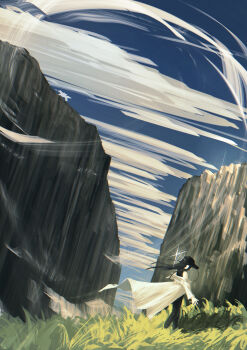 1girl absurdres baseball_cap black_hair black_shirt blue_archive blue_sky cloud coat coat_partially_removed commentary_request day from_side grass halo hat highres kani_etizen03 long_hair outdoors ravine saori_(blue_archive) scenery shirt sky sleeveless sleeveless_shirt solo standing twitter_username white_coat white_halo wind