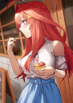 1girl blue_eyes blue_skirt blush clock_hands commentary_request dress eating fagi_(kakikaki) food go-toubun_no_hanayome ice_cream long_hair looking_to_the_side nakano_itsuki red_hair skirt solo standing white_dress