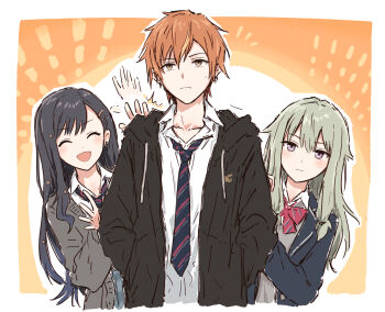 Rule 34 | 1boy, 2girls, :d, ^ ^, black hair, black jacket, black necktie, blazer, blue jacket, blush, border, bow, bowtie, brown eyes, cardigan, closed eyes, closed mouth, collarbone, collared shirt, commentary, cropped torso, diagonal-striped bow, diagonal-striped bowtie, diagonal-striped clothes, diagonal-striped necktie, drawstring, dress shirt, earrings, frown, green hair, grey cardigan, hair between eyes, hair flaps, hair ornament, hairclip, hand on another's back, hands in pockets, highres, hitting, hood, hooded jacket, jacket, jewelry, kamiyama high school uniform (project sekai), kusanagi nene, long hair, long sleeves, low-tied sidelocks, multicolored necktie, multiple girls, necktie, open cardigan, open clothes, open jacket, open mouth, orange background, orange hair, outside border, project sekai, purple eyes, red bow, red bowtie, revision, school uniform, shinonome akito, shiraishi an, shirt, short hair, sidelocks, single sidelock, smile, split mouth, striped bow, striped bowtie, striped clothes, sweatdrop, swept bangs, two-tone background, upper body, white background, white border, white shirt, yukitake (bullfalk)