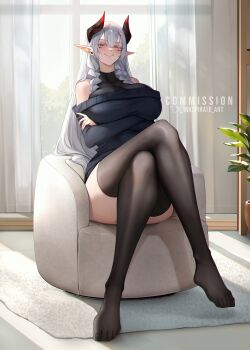 1girl absurdres armchair artist_name black_horns black_pantyhose braid breasts c: carpet chair commentary crossed_legs curtains demon_girl demon_horns english_commentary feet gradient_horns grey_hair highres horns huge_breasts indoors inkspirate long_hair long_pointy_ears long_sleeves multicolored_horns no_shoes off-shoulder_sweater off_shoulder original pantyhose plant pointy_ears potted_plant red_eyes red_horns side_braid sitting smile solo sweater toes twitter_username twitter_x_logo
