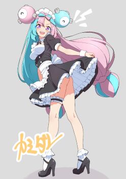 1girl alternate_costume apron black_dress black_ribbon black_shoes blue_hair blue_light blush bow-shaped_hair breasts collar commentary detached_collar double_bun dress enmaided fake_hair_bun frilled_apron frills grey_background hair_bun high_heels highres iono_(pokemon) kamidan kneepits long_hair looking_at_viewer maid maid_apron maid_headdress multicolored_hair neck_ribbon nintendo open_mouth pink_hair pokemon pokemon_sv ribbon shoes short_sleeves simple_background smile socks solo split-color_hair teeth thighs two-tone_hair upper_teeth_only v-shaped_eyebrows waist_apron white_apron white_collar white_socks
