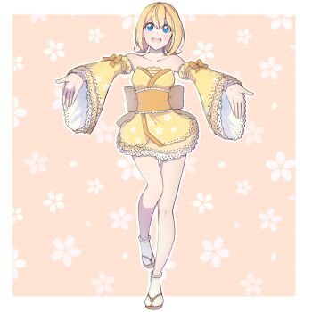 1girl blonde_hair blue_eyes border bow breasts detached_sleeves floral_print frilled_sleeves frills full_body hair_between_eyes highres japanese_clothes kimono light_blush looking_at_viewer low_twintails non-web_source official_alternate_costume official_art open_mouth orange_background outline outstretched_arms sandals short_hair short_twintails sidelocks simple_background small_breasts socks solo standing standing_on_one_leg straight-on strapless_kimono taiyo_ami twintails utau white_border white_outline white_socks wide_sleeves yellow_bow yellow_kimono yellow_sleeves yen-mi