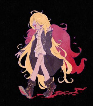 1girl ahoge black_boots black_coat blonde_hair blood blood_on_ground blood_on_shoes boots cape coat commentary_request don_quixote_(project_moon) full_body highres jacket la_manchaland_(identity)_(project_moon) lapels limbus_company notched_lapels parted_bangs project_moon red_cape red_eyes sancho_(project_moon) shorts solo wavy_hair white_jacket white_shorts yesheng_zong_ren