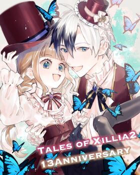 Rule 34 | 1boy, 1girl, black hair, black pantyhose, blonde hair, blue butterfly, blue eyes, blunt bangs, bow, bowtie, braid, bug, butterfly, carrying, commentary request, elle mel marta, frilled shirt, frills, gold trim, grey hair, hair between eyes, hat, highres, insect, long hair, ludger will kresnik, mini hat, multicolored hair, naonaomo, open mouth, pantyhose, princess carry, red bow, red bowtie, red hat, red skirt, red vest, shirt, short hair, sidelocks, skirt, smile, tales of (series), tales of xillia, tales of xillia 2, top hat, twin braids, two-tone hair, upper body, vest, white shirt