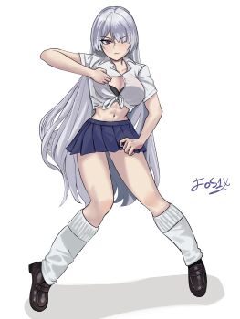 Rule 34 | absurdres, fos1x, girls' frontline, girls' frontline 2: exilium, gyaru, highres, jojo pose, long hair, navel, partially unbuttoned, school uniform, simple background, stocks, white hair