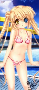 Rule 34 | 10s, 1girl, :o, absurdres, artist name, bikini, blonde hair, blue eyes, blush, breasts, caricature, cloud, day, female focus, groin, head tilt, heterochromia, highres, hinoue itaru, huge filesize, long hair, long image, looking at viewer, nakatsu shizuru, navel, no eyepatch, outdoors, pink bikini, plaid bikini, plaid clothes, pool, poolside, rewrite, signature, sky, small breasts, solo, swimsuit, tall image, twintails, very long hair, yellow eyes