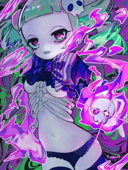 1girl 9_ron23 black_panties black_thighhighs blunt_bangs bow bowtie breasts commentary cowboy_shot drill_hair fire flaming_skull green_hair hair_ornament looking_at_viewer magic navel original panties parted_lips pink_eyes purple_bow purple_bowtie purple_fire purple_shrug ribs short_bangs short_hair shrug_(clothing) skull skull_hair_ornament small_breasts solo stomach striped_bow striped_bowtie striped_clothes teeth thighhighs twin_drills twitter_username underwear