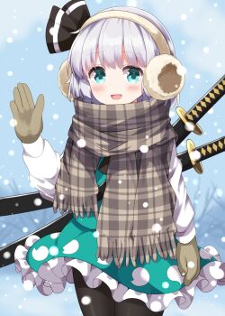 1girl :d black_pantyhose black_ribbon blush brown_gloves brown_scarf commentary_request cowboy_shot day earmuffs frilled_skirt frills gloves green_eyes green_skirt green_vest hair_ribbon hand_up highres konpaku_youmu long_sleeves looking_at_viewer open_mouth outdoors pantyhose plaid_clothes plaid_scarf ribbon ruu_(tksymkw) scarf sheath shirt short_hair skirt skirt_set smile snowing solo sword touhou vest weapon white_hair white_shirt winter winter_clothes