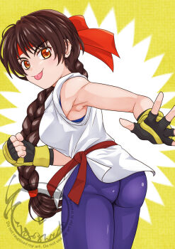 1girl artist_name ass bent_over braid braided_ponytail breasts brown_eyes brown_hair clenched_hand fingerless_gloves gloves headband highres large_breasts long_hair looking_at_viewer looking_back naughty_face ryuuko_no_ken sideboob smile snk solo spandex spanking spanking_self the_king_of_fighters tongue tongue_out yuri_sakazaki