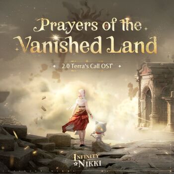 1girl 3d album_cover animal anklet artist_request belt black_belt black_sandals blue_hairband bracelet brown_sky cat cloak clothed_animal cloud commentary copyright_logo cover crop_top debris ear_covers english_commentary english_text floating_clothes full_body gold_bracelet hair_through_hood hairband highres hood hood_up hooded_cloak infinity_nikki jewelry layered_skirt light_particles logo long_skirt midriff momo_(nikki) nikki_(nikki) nikki_(series) official_alternate_costume official_art pillar pink_hair pleated_skirt purifying_wind_(infinity_nikki) red_scarf red_skirt ruins sandals scarf second-party_source shadow shirt short_hair single_bracer skirt sleeveless sleeveless_shirt sparkle standing sun_symbol title white_cat white_cloak white_shirt white_skirt wind yellow_belt