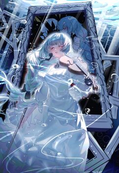 absurdres asymmetrical_gloves bare_shoulders black_gloves black_ribbon bow_(music) braid bubble dress gloves hair_ribbon highres holding holding_bow_(music) holding_instrument holding_violin hongse_guang instrument long_dress long_hair looking_to_the_side multicolored_hair official_alternate_costume phrolova_(wuthering_waves) picture_frame purple_eyes ribbon streaked_hair tears underwater violin white_dress wuthering_waves