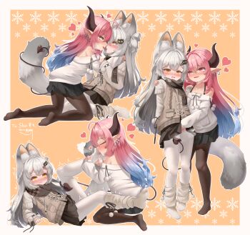 2girls absurdres ahoge animal_ear_fluff animal_ears black_pantyhose black_scarf black_skirt blue_hair blush brown_eyes closed_eyes clothes_lift demon_girl demon_horns demon_tail earrings eye_contact face-to-face feet female_focus fingering fox_ears fox_girl fox_tail full_body gradient_hair grey_shirt hair_ornament hand_on_another&#039;s_shoulder heart highres horns jewelry karv kiss kneeling leaning_back leaning_forward leg_up licking licking_foot lifting_another&#039;s_clothes loli long_hair looking_at_another lying multicolored_hair multiple_girls multiple_views no_shoes on_back open_mouth original pantyhose pink_eyes pink_hair pleated_skirt pointy_ears scarf shirt sitting skirt skirt_lift socks soles standing tail tail_around_another&#039;s_leg tongue tongue_out trembling two-tone_hair white_hair white_pantyhose white_shirt white_socks yuri