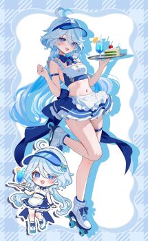 1girl absurdres alternate_costume apron arm_strap blue_eyes blue_hair blue_skirt breasts cake cake_slice chibi chibi_inset commentary_request crop_top day drop-shaped_pupils eyelash_ornament food furina_(genshin_impact) genshin_impact glass heterochromia highres holding holding_tray leg_up light_particles long_hair looking_at_viewer midriff navel pleated_skirt pool poolside riku_(rrr_gns) roller_skates shoes skates skirt small_breasts solo stomach symbol-shaped_pupils tray visor_cap waist_apron wavy_hair white_shoes