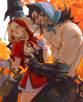 1boy 1girl alternate_costume animal_ears artist_name bare_shoulders basket big_bad_wolf big_bad_wolf_(cosplay) black_hair black_pants blonde_hair blush chiffonfae commentary cosplay english_commentary flat_chest gloves highres holding holding_basket hood hood_up league_of_legends little_red_riding_hood_(fairy_tale_character) little_red_riding_hood_(fairy_tale_character)_(cosplay) lux_(league_of_legends) mouth_hold muscular muscular_male nipples one_eye_closed outdoors pants parted_lips scar scar_on_shoulder shiny_skin sylas_(league_of_legends) tail teeth torn_clothes torn_pants white_gloves wolf_boy wolf_ears wolf_tail