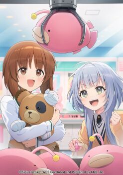 2girls :d animal_costume bandages bandaid bear_costume boko_(girls_und_panzer) brown_eyes brown_hair cast girls_und_panzer highres holding holding_stuffed_toy indoors mitohas multiple_girls nishizumi_miho official_art open_mouth senju_iroha short_hair smile stuffed_animal stuffed_toy toy world_dai_star