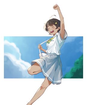 1girl absurdres ahoge bag black_hair blue_sky bow bowtie cloud collared_shirt dark-skinned_female dark_skin dress dress_shirt feet_out_of_frame food-themed_hair_ornament green_bow green_bowtie grey_skirt hair_ornament highres lemon_hair_ornament make_heroine_ga_oo_sugiru! one_eye_closed pleated_dress raised_fist school_uniform shirt short_hair skirt sky smile snow_hawkeye solo summer_uniform tan tsuwabuki_high_school_uniform white_shirt yakishio_lemon yellow_bow yellow_bowtie