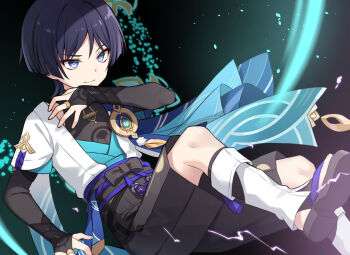 Rule 34 | 1boy, black gloves, black sandals, black shorts, blue cape, blue eyes, blunt ends, bright pupils, cape, closed mouth, commentary request, elbow gloves, fingerless gloves, foot out of frame, genshin impact, gloves, hand up, highres, iroiro 0w0, male focus, purple hair, sandals, scaramouche (genshin impact), shirt, short hair, short sleeves, shorts, smile, socks, solo, wanderer (genshin impact), white pupils, white shirt, white socks