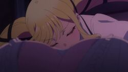 2girls animated anime_screenshot black_ribbon blonde_hair blue_eyes blue_hair blush bouncing_breasts bra bra_peek breasts button_gap cleavage close-up drill_hair drill_sidelocks frills hair_over_one_eye highres indoors isemi_tina jacket jiggle large_breasts long_hair long_skirt long_sleeves looking_at_breasts multiple_girls open_mouth ribbon rock_wa_lady_no_tashinami_deshite school_uniform shirt short_hair sidelocks skirt sound suzunomiya_lilisa tearing_up twin_drills twintails underwear very_long_hair video wardrobe_malfunction white_jacket white_shirt white_skirt yellow_eyes