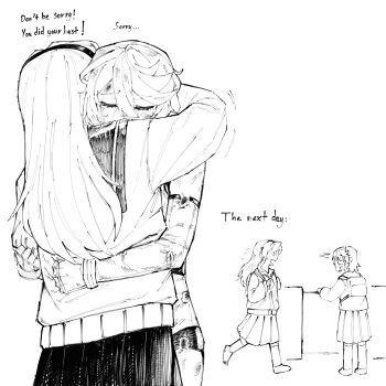 Rule 34 | 2girls, backpack, bag, blush, cardigan, commentary, elbow gloves, english text, gloves, gmeg011, greyscale, hair between eyes, highres, hug, kneehighs, koishikawa iko, long hair, momijiyama teru, monochrome, multiple girls, pleated skirt, running, short hair, shy (character), shy (series), skirt, smile, socks, symbol-only commentary, torn clothes, torn gloves