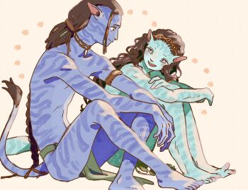 Rule 34 | 1boy, 1girl, beads, blue eyes, blue skin, body markings, braid, brown hair, colored skin, dreadlocks, fur-tipped tail, green loincloth, hair beads, hair ornament, highres, james cameron's avatar, knees up, lo'ak, long hair, looking at another, monster girl, na'vi, natsuko sub02, simple background, single braid, sitting, tail, tsireya, very long hair, wavy hair, yellow background