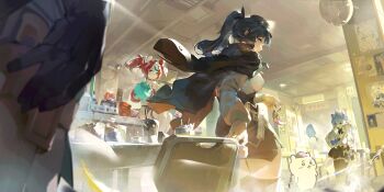 3girls 3others absurdres animal_ears black_hair blue_eyes chair character_request chiikawa chiikawa_(character) copyright_request cup diner glass gloves gun hakos_baelz handgun highres hololive hololive_english holster kuno_(runkunochan) mouse_ears mouse_girl multicolored_hair multiple_girls multiple_others poster_(object) red_hair streaked_hair thigh_holster virtual_youtuber weapon white_hair