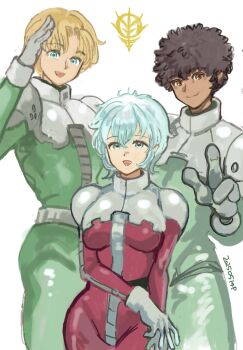 Rule 34 | 1girl, 2boys, afro, aina saharin, bernard wiseman, blonde hair, brown eyes, dark-skinned male, dark skin, daryl lorenz, gundam, gundam 0080, gundam 08th ms team, gundam thunderbolt, highres, mecha pilot suit, mechanical arms, multiple boys, normal suit (gundam), okrdisk2000, salute, white background, white hair