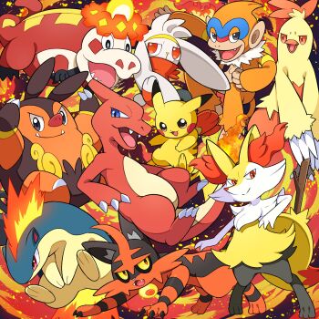 :d black_eyes blue_eyes braixen bright_pupils charmeleon claws combusken commentary_request crocalor fangs fangs_out gen_1_pokemon gen_2_pokemon gen_3_pokemon gen_4_pokemon gen_5_pokemon gen_6_pokemon gen_7_pokemon gen_8_pokemon highres looking_up monferno nintendo no_humans open_mouth pignite pikachu pokemon pokemon_(creature) pokemon_focus pon_yui quilava raboot smile standing stick tongue torracat white_pupils