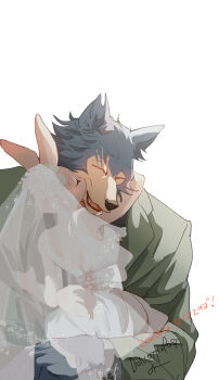 absurdres alternate_costume animal_ears artist_request bad_id bad_pixiv_id beastars bridal_veil closed_eyes couple dated dress furry furry_female furry_male happy haru_(beastars) height_difference highres hug kiss kissing_cheek legoshi long_sleeves muscular muscular_male open_mouth rabbit_ears rabbit_girl rabbit_tail scar scar_on_face shade smile tail tuxedo upper_body veil wedding wedding_dress white_background white_dress white_veil wide_sleeves wolf_boy wolf_ears