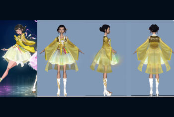 Rule 34 | 1girl, absurdres, back, black hair, blunt bangs, boots, commentary, double bun, english commentary, hair bun, high heel boots, high heels, highres, joune5064, kpop demon hunters, letterboxed, multiple views, outstretched arms, sash, short bangs, skirt, white boots, wide sleeves, yellow hanbok, zoey (kpop demon hunters)