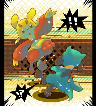 Rule 34 | !, !?, brown eyes, fangs, fighting, full body, gen 4 pokemon, gen 5 pokemon, hinekure, kicking, mienfoo, nintendo, no humans, open mouth, pawpads, pillarboxed, pokemon, pokemon (creature), riolu, spoken exclamation mark, spoken interrobang, star (symbol)