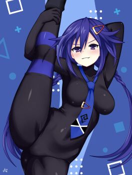 1girl absurdres ankokuboshi_kurome arm_behind_head between_breasts black_bodysuit blue_eyes blue_hair blue_necktie blush bodysuit braid breasts covered_navel dhiparizky flexible grin hair_between_eyes hair_ornament hairclip highres holding_own_leg large_breasts leg_up legs long_hair looking_at_viewer necktie necktie_between_breasts neptune_(series) purple_eyes seductive_smile shin_jigen_game_neptune_vii smile smug solo split standing standing_on_one_leg standing_split thighs twin_braids twintails very_long_hair