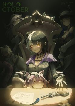 6+girls absurdres allister_vinris animal_ears bag black_choker black_hair black_jacket blonde_hair bowler_hat breasts cecilia_immergreen chair choker cleavage closed_mouth dagger desk dog_ears dog_girl dog_tail doll_joints fishnet_pantyhose fishnets fuwawa_abyssgard grey_hair gun handgun hat highres holding holding_bag holding_dagger holding_knife holding_weapon holoadvent hololive hololive_english jacket joints knife koseki_bijou large_breasts long_hair looking_at_viewer medium_breasts medium_hair mini_hat mococo_abyssgard multicolored_hair multiple_girls nerissa_ravencroft panther_ears panther_girl panther_tail pantyhose paper pink_hair pink_tail purple_eyes quill raora_panthera red_eyes revolver shiori_novella sitting slit_pupils split-color_hair tail two-tone_hair virtual_youtuber weapon yellow_eyes