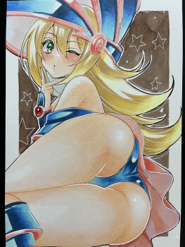 1girl artist_request ass blonde_hair blush blush_stickers boots breasts curvy dark_magician_girl duel_monster green_eyes hat highres huge_ass leotard leotard_under_clothes long_hair looking_at_viewer lying magical_girl on_side one_eye_closed open_mouth shiny_skin simple_background spread_ass thighs traditional_media underboob wide_hips wink wizard_hat yu-gi-oh!