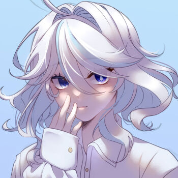 Rule 34 | 1girl, ahoge, blue background, blue eyes, blue streaks, closed mouth, commentary, double-parted bangs, drop-shaped pupils, english commentary, furina (genshin impact), genshin impact, hair between eyes, hair intakes, hand up, highres, kuraedo, long sleeves, looking at viewer, medium hair, mismatched pupils, multicolored hair, portrait, shirt, simple background, solo, streaked hair, symbol-shaped pupils, unfinished, white hair, white shirt