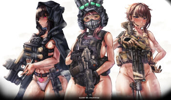 3girls absurdres artist_name battle_rifle black_gloves black_hood breasts brown_eyes brown_gloves brown_hair bulletproof_vest cameltoe colycycle d_(nikke) delta_(nikke) earpiece fingerless_gloves gloves goddess_of_victory:_nikke goggles gun h&amp;k_hk417 handgun helmet highleg highleg_panties highres holding holding_gun holding_weapon hood hood_up large_breasts mask multiple_girls night_vision nude panties pubic_tattoo red_eyes rifle shoulder_tattoo sig_mcx sig_sauer_p320 skull_mask soldier_eg_(nikke) sweat tactical_clothes tattoo trigger_discipline underwear watch weapon white_background white_panties wristwatch