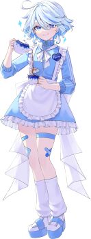 1girl absurdres alternate_costume apron badge bandaid bandaid_on_leg blue_eyes blue_hair blue_jacket blue_shoes blue_skirt button_badge buttons cup drop-shaped_pupils eyelash_ornament furina_(genshin_impact) genshin_impact heart_button heterochromia highres holding holding_cup holding_teapot jacket jersey_maid kkochmanyeo leg_warmers looking_at_viewer maid mismatched_pupils multicolored_hair pleated_skirt pouring shoes short_hair skirt smile solo sparkle spilling streaked_hair symbol-shaped_pupils tachi-e teapot thigh_strap track_jacket transparent_background unconventional_maid waist_apron wavy_hair white_leg_warmers white_shoes