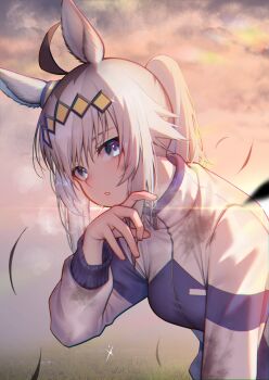 Rule 34 | 1girl, ahoge, akuma (st.takuma), animal ears, blue eyes, breasts, commentary, ear ornament, grey hair, hair between eyes, hair ornament, hairband, highres, horse ears, horse girl, jacket, kasamatsu tracen training uniform, long hair, long sleeves, looking at viewer, multicolored hair, multicolored jacket, oguri cap (umamusume), outdoors, parted lips, purple jacket, purple track suit, solo, sweat, track jacket, track suit, two-tone jacket, umamusume, umamusume: cinderella gray, upper body