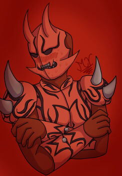 Rule 34 | 1boy, armor, blush, crossed arms, embarrassed, kamen rider, kamen rider den-o (series), looking away, male focus, mani-the-beloved, momotaros, monster, monster boy, oni, red armor, sweat, sweatdrop