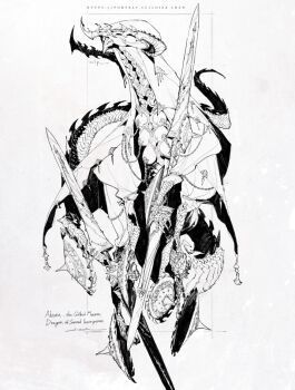 Rule 34 | 1girl, claws, commentary, dragon, dragon tail, english commentary, extra breasts, highres, lance, loiza, monster, monster focus, nipple chain, original, polearm, scales, shield, solo, tail, weapon