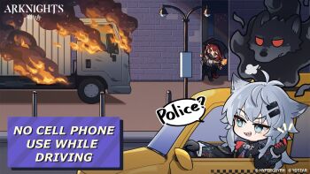 2girls :d animal_ear_fluff animal_ears animal_hood arknights black_boots black_jacket boots bottle brick_wall building burning car cellphone chibi commentary copyright_name crownslayer_(arknights) driving english_commentary english_text fake_animal_ears fire grey_eyes grey_hair grey_pants hair_ornament hairclip highres holding holding_bottle holding_phone hood hood_up hooded_jacket jacket lamppost lappland_(arknights) mabing mask molotov_cocktail motor_vehicle mouth_mask multiple_girls night official_art open_mouth outdoors pants phone red_eyes red_hair scar scar_across_eye scar_on_face second-party_source sharp_teeth sky smile teeth truck