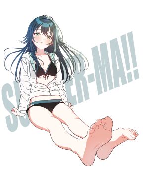 1girl :o arm_support bare_legs barefoot bikini bikini_under_clothes black_bikini blush breasts collarbone feet front-tie_bikini_top front-tie_top full_body gakuen_idolmaster green_eyes green_hair hair_flaps highres idolmaster invisible_chair jacket jacket_over_swimsuit kimi_to_semi_blue_(idolmaster) long_hair looking_at_viewer omitsu partially_unzipped sitting small_breasts soles solo sweat swimsuit text_background toes tsukimura_temari very_long_hair white_jacket