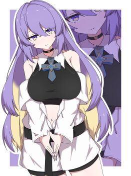 1girl absurdres bare_shoulders black_choker black_shirt blonde_hair border breasts choker closed_mouth coat collar commentary cowboy_shot crop_top hair_between_eyes hashtag-only_commentary highres hololive hololive_indonesia large_breasts long_hair long_sleeves looking_at_viewer mah0p midriff moona_hoshinova multicolored_eyes multicolored_hair navel off_shoulder purple_background purple_eyes purple_hair shirt sleeveless sleeveless_shirt solo_focus steepled_fingers two-tone_eyes two-tone_hair virtual_youtuber white_border white_coat white_collar yellow_eyes zoom_layer