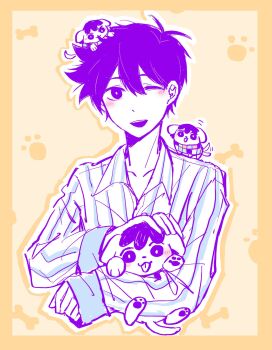 1boy ;d animal animal_on_head animal_on_shoulder animalization antenna_hair blue_shirt bone border bright_pupils collarbone collared_shirt colored_skin commentary cropped_torso css021125 dog double-parted_bangs hair_behind_ear hair_between_eyes hero_(headspace)_(omori) hero_(omori) highres holding holding_animal holding_dog kel_(headspace)_(omori) kel_(omori) male_focus omori on_head one_eye_closed open_mouth outline purple_eyes purple_hair shirt short_hair smile solo striped_clothes striped_shirt symbol-only_commentary teeth two-tone_shirt upper_teeth_only vertical-striped_clothes vertical-striped_shirt very_short_hair white_outline white_pupils white_shirt white_skin yellow_background yellow_border
