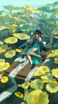 1girl absurdres alternate_costume arknights black_hair boat dragon_girl dragon_horns dragon_tail dusk_(arknights) hair_over_one_eye highres horns looking_at_viewer plant red_eyes scroll tail toto_(caaaaarrot) watercraft