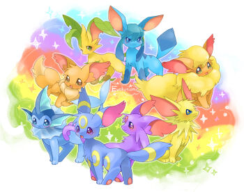 :3 animal_focus choko_(sweetpocket) colorful commentary_request eevee english_text espeon evolutionary_line fins flareon full_body gen_1_pokemon gen_2_pokemon gen_4_pokemon glaceon highres jolteon leafeon looking_at_viewer nintendo no_humans open_mouth pawpads pokemon pokemon_(creature) pokemon_focus rainbow_background simple_background sitting smile sparkle standing umbreon vaporeon white_background