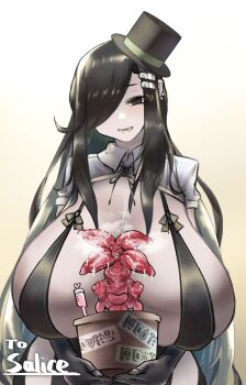 1girl absurdres black_eyes black_hair blush breasts dot_nose ear_piercing english_text eyelashes female_focus gradient_background hair_over_one_eye hat highres holding holding_pot huge_breasts long_hair looking_at_viewer matching_hair/eyes monster pale_skin piercing pot side_hat sidelocks solo steam todakenji top_hat upper_body what white_background wide_hips yellow_background